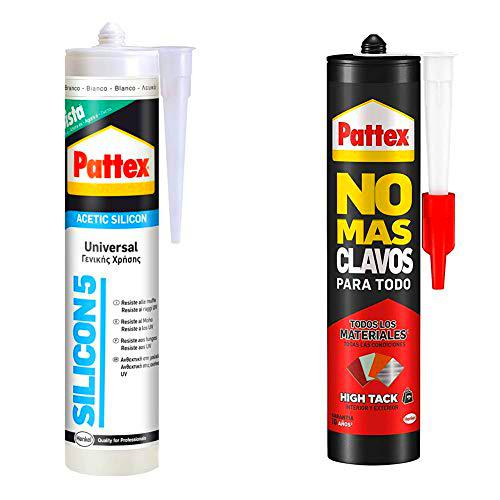 Pattex Silicon 5, silicona ácida universal blanco, 280 ml + Pattex No Mas Clavos Para Todo HighTack